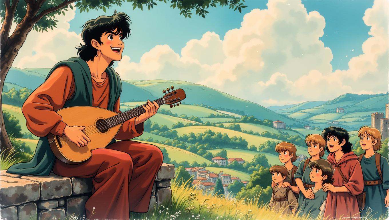A wandering minstrel,  dressed in simple but colorful attire,  plays a lute while sitting on a stone wall overlooking a pe...