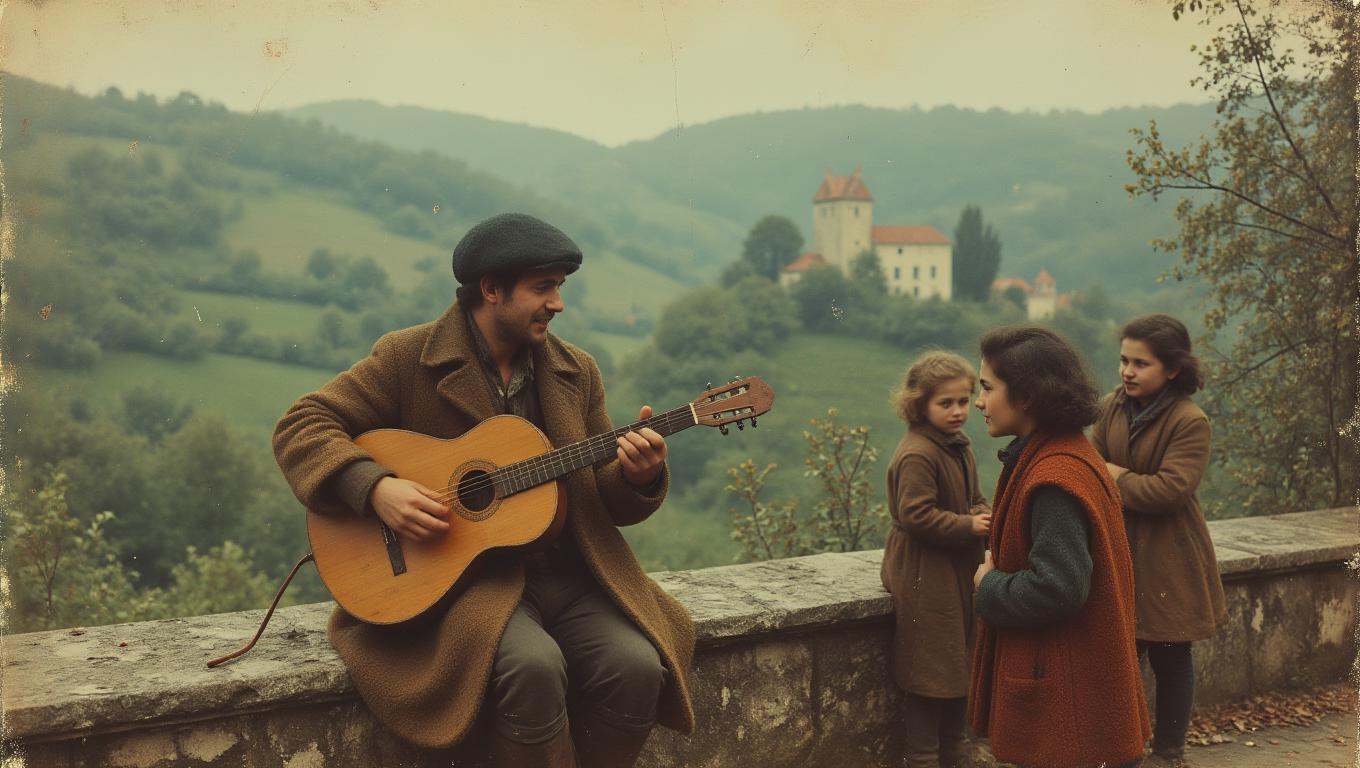 Vintage photo of A wandering minstrel,  dressed in simple but colorful attire,  plays a lute while sitting on a stone wall...