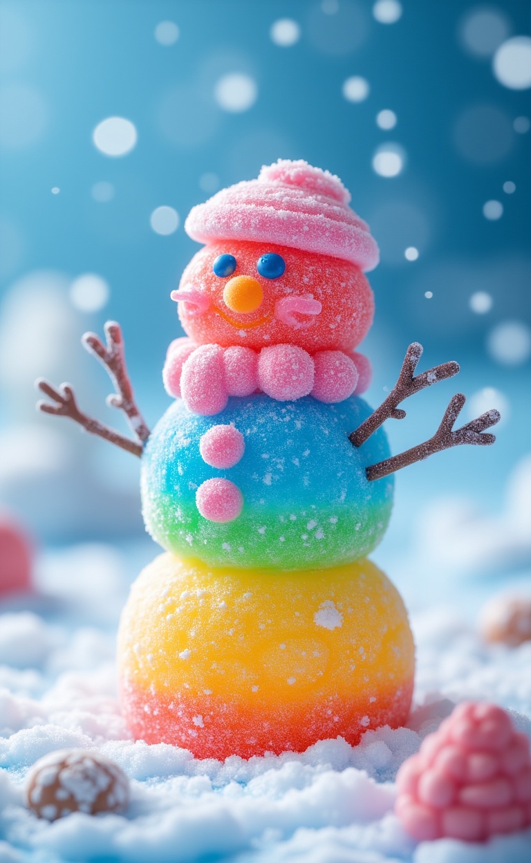 miluo_tgsj, This is a whimsical photograph featuring a snowman made entirely out of colorful, textured gummy candies stacked in a cone shape. The snowman's head is a pink gummy with a round shape, adorned with a single blue bead for an eye and a small orange bead for a nose. Its cheeks are a soft pink, and it has a small, friendly smile. The middle section of the snowman is a yellow gummy, followed by a blue gummy, and topped with a green gummy. Each layer of the snowman is dusted with white sugar crystals, giving it a sparkling appearance. The background is a dreamy, out-of-focus winter scene with a gradient of blue and white hues, enhancing the festive and magical feel. Snowflakes are gently falling, adding to the wintery atmosphere. The ground is covered in white sugar crystals, mirroring the snowman's sugary texture. The overall composition is bright and vibrant, with a playful and cheerful aesthetic. The photograph captures a sense of holiday joy and creativity, with its use of vivid colors and sugary textures. <lora:miluo丨糖果世界-flux-1.3:1>