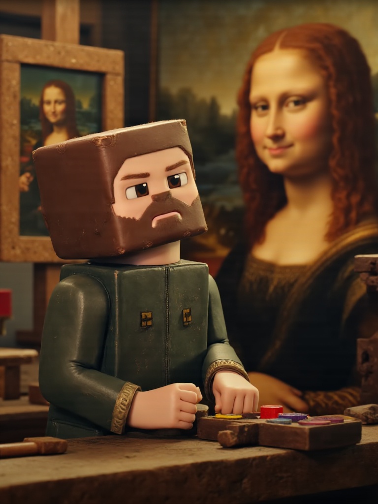 Blocky Leonardo da Vinci with square beard,  painting the cubic Mona Lisa,  pixelated paint palette in hand on Tensor.Art