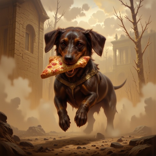 DFOP-V3.0 style oil painting that features a dachshund running away with a big slice of pizza in his mouth on Tensor.Art