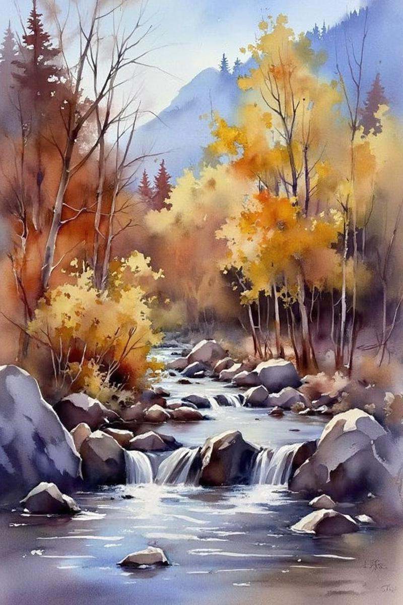 This is an image of a watercolor painting by Thomas Schaller. The artwork depicts a tranquil landscape scene,  likely in t...