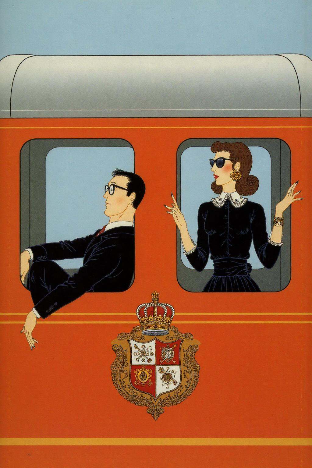 erte1 illustration. jackvettriano1. Two individuals stand inside an orange train carriage with a crest featuring a crown a...