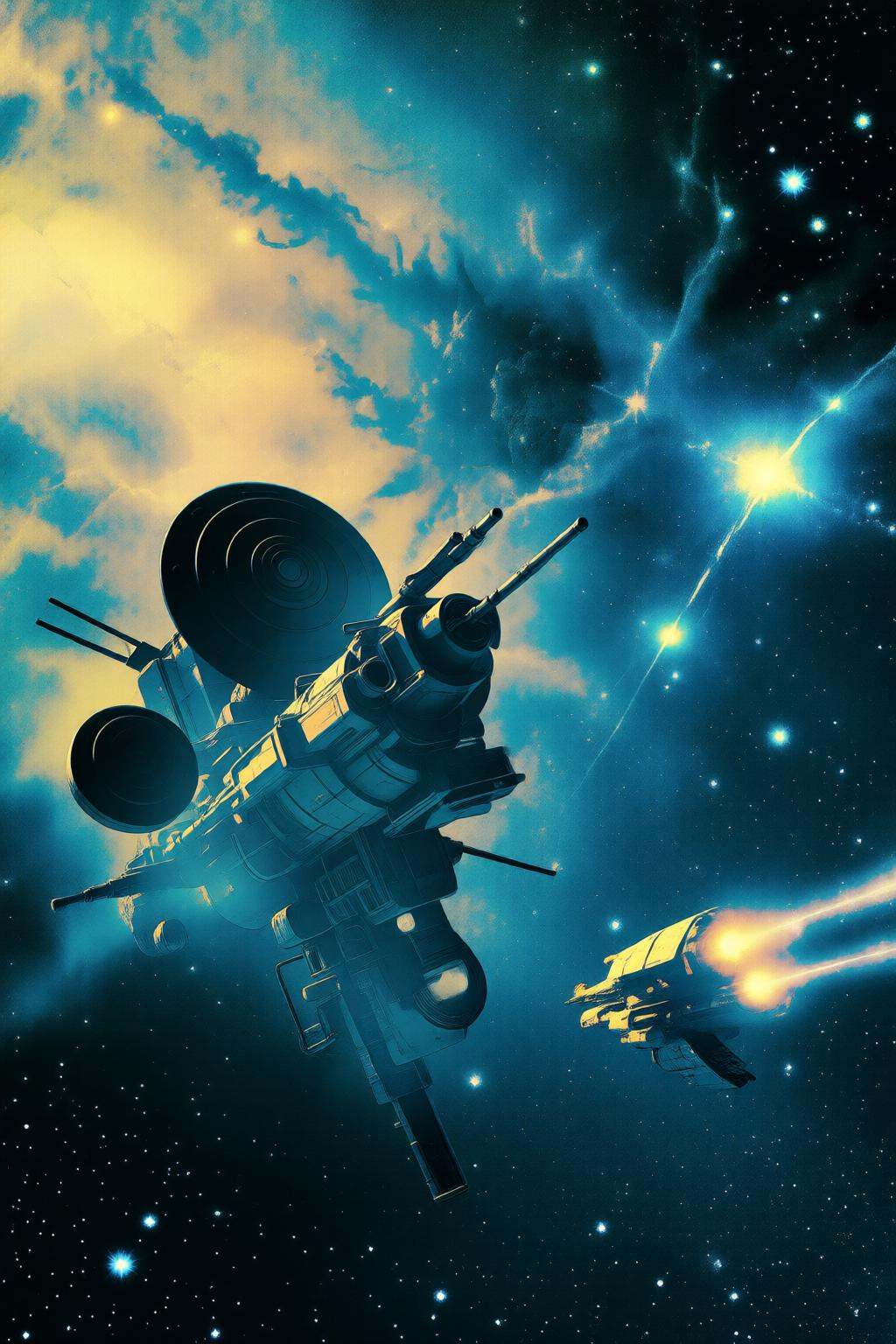 pascalblanche2q illustration. A futuristic spacecraft floats in a vast,  star-filled space. On the left side of the spacec...