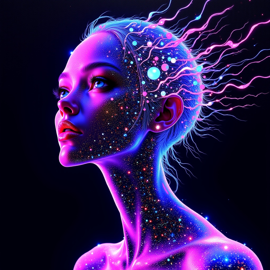 A vibrant,  futuristic acrylic art piece featuring the face of a beautiful woman,  rendered with luminescent on Tensor.Art