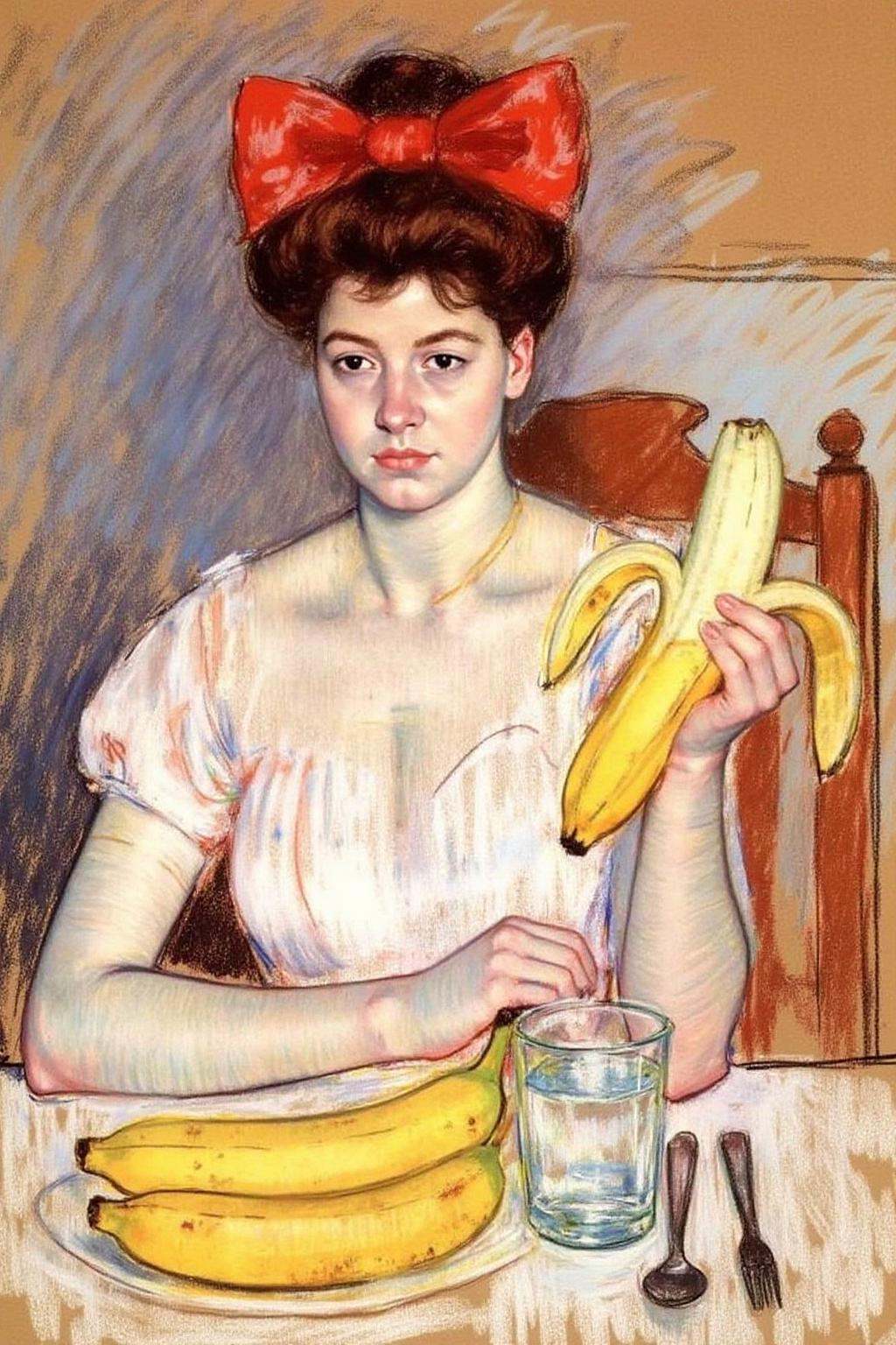 marycassatt2 drawing.A woman with a serious expression sits at a table. She has voluminous curly hair adorned with a large...