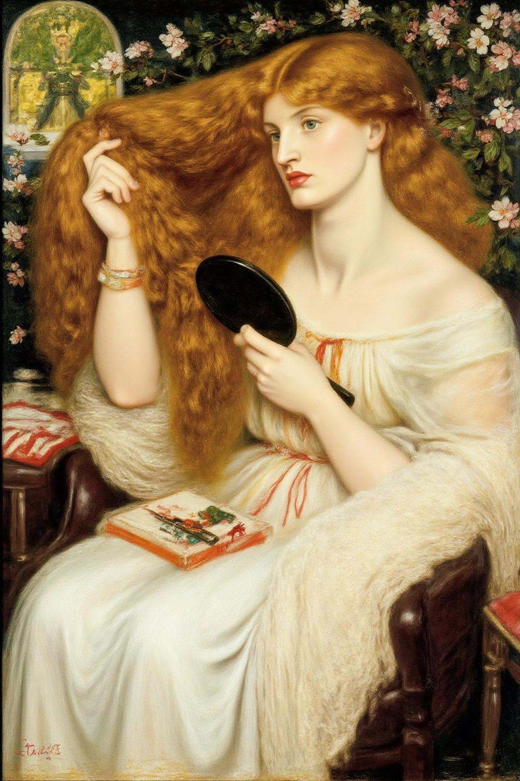 dgr painting.A woman combining her hair. She is looking at herself with a hand held mirror . on Tensor.Art