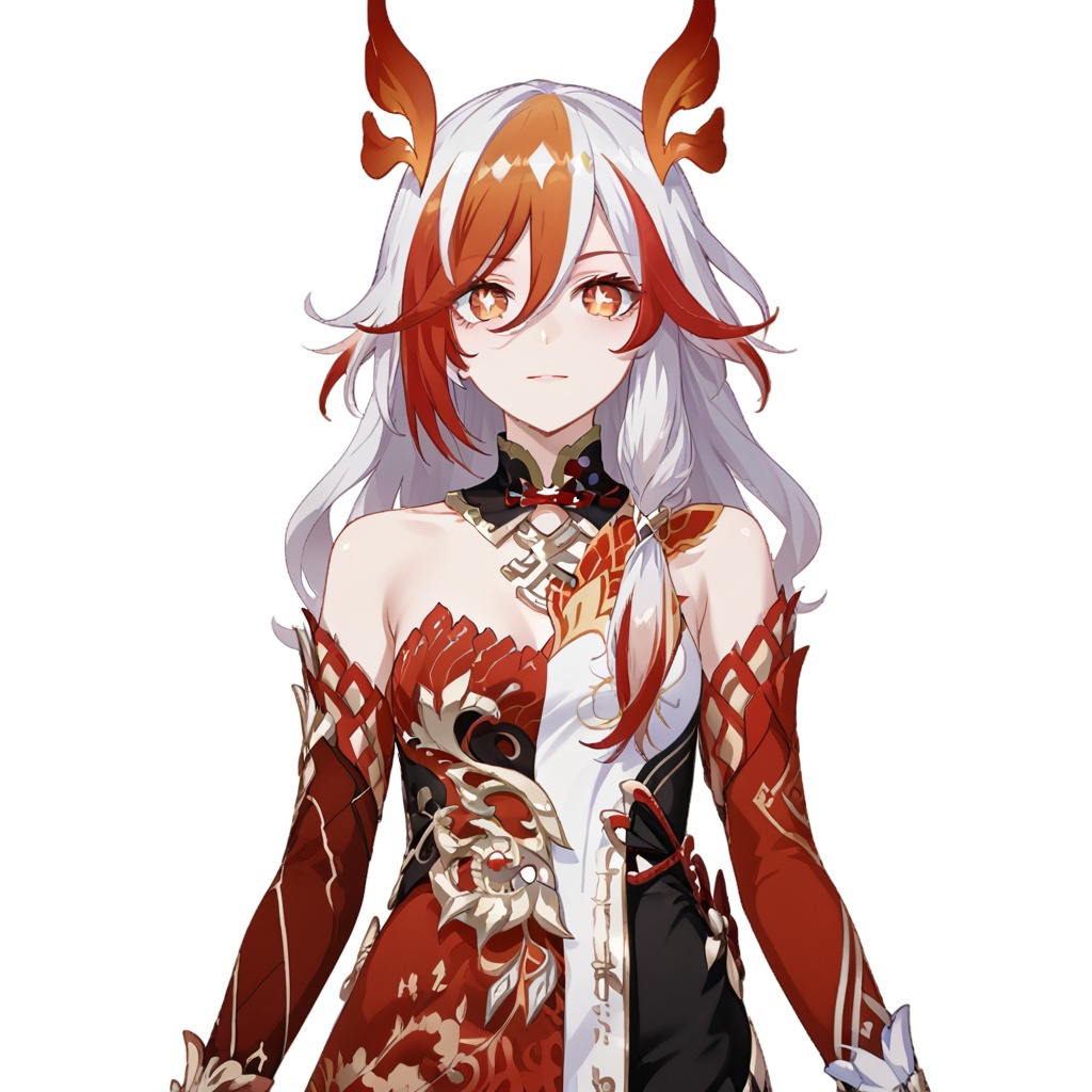 (white background:1.2),looking at viewer,(SOLO:1.4),outline,simple background,upper body, cowboy shot,looking at viewer,(((arms at side))),  fu hua bengluo,fu hua,messy hair,jewelry,twintails,eyelashes,facial mark,head wings,two-tone hair,twintails,tattoo,ribbon,bangs,white hair,orange eyes,streaked hair,orange hair,fiery hair,hair between eyes,multicolored hair,hair ornament,hair ribbon,pattern on hair,yellow pupils,diamond shaped pupils,<lora:崩落-cg-pony:0.8>