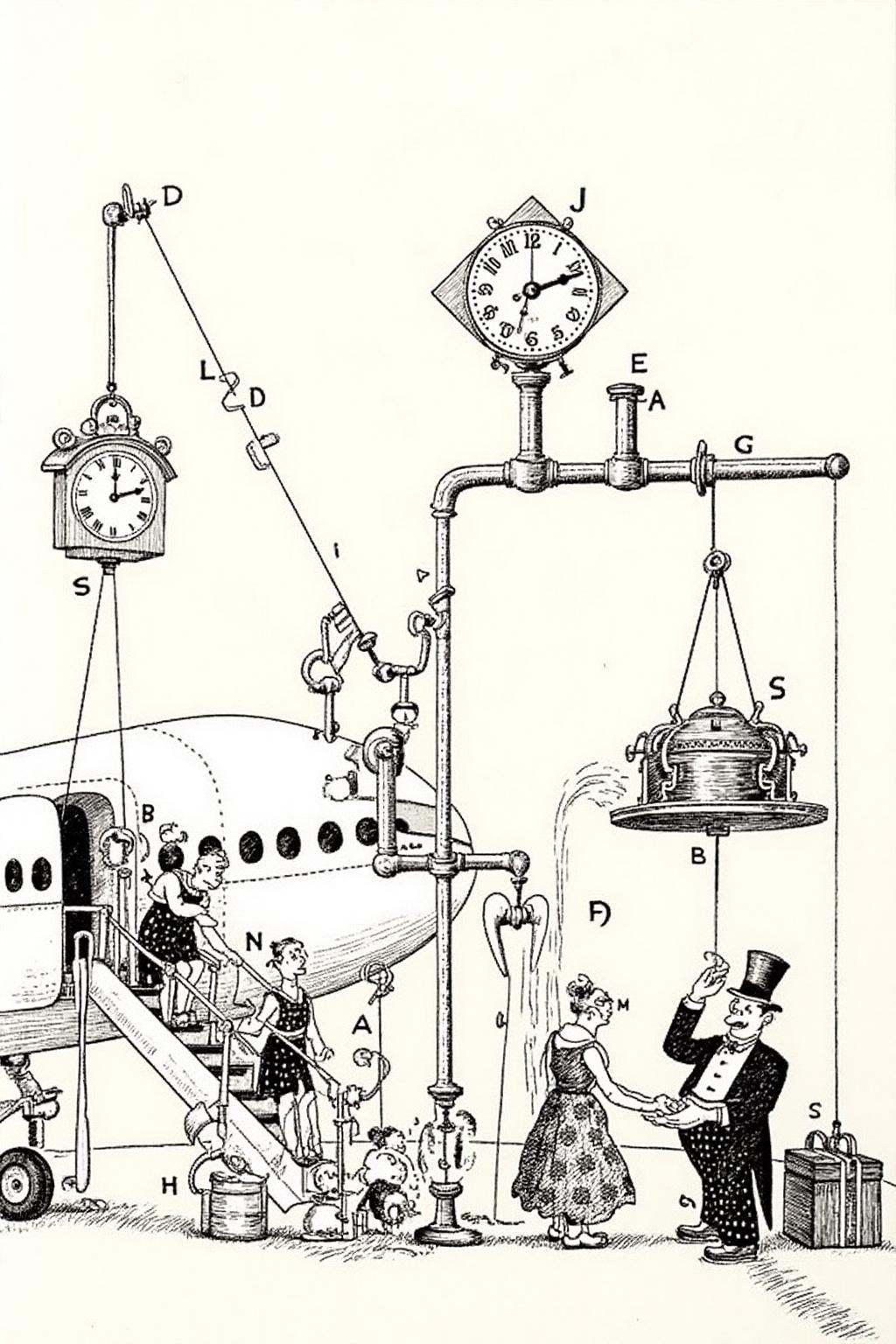 rugo1 illustration. An Rube Goldberg absurd flight boarding process. Passengers climb onto the plane via a steam-powered s...
