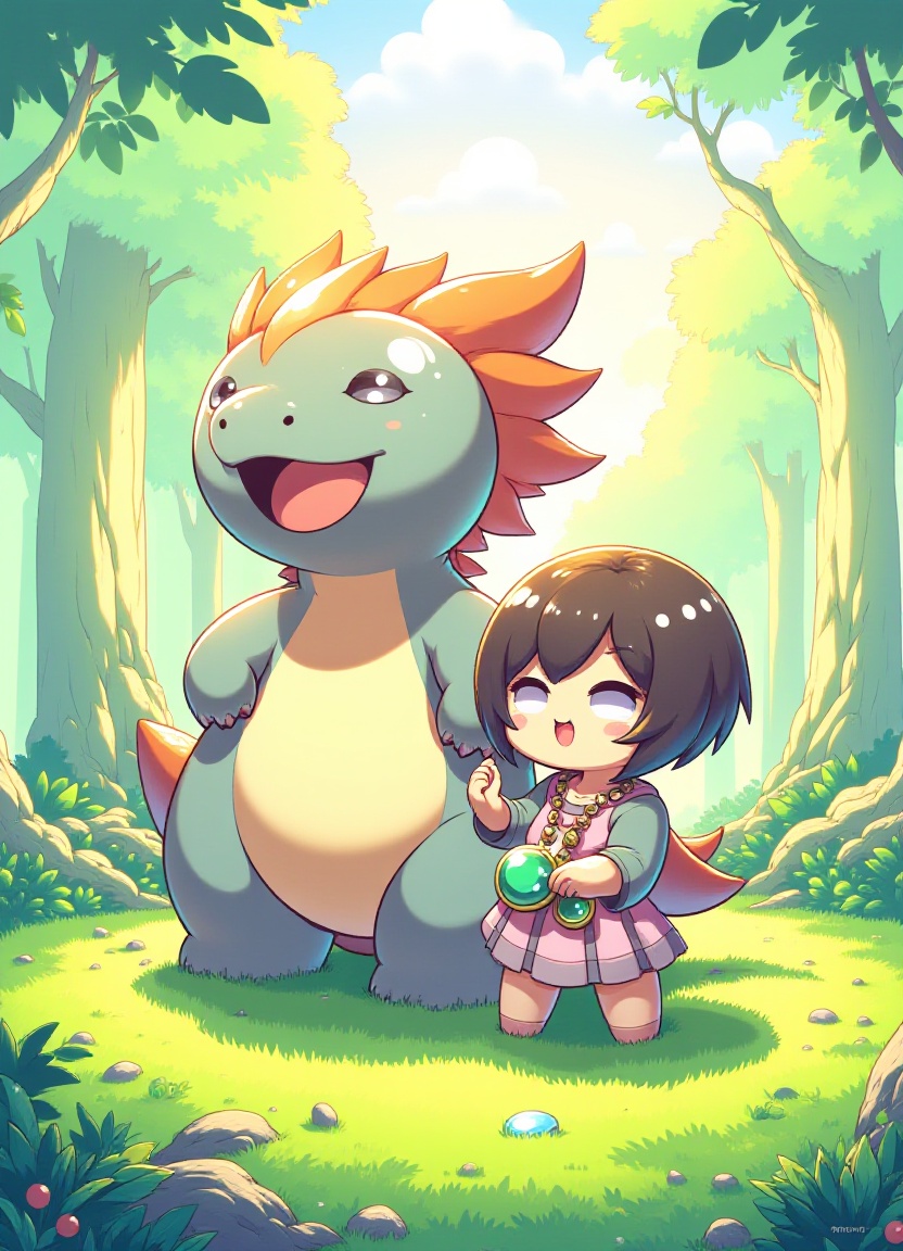A whimsical digital illustration of a cute,  smiling female Rathalos standing proudly next to her summoner companion,  bot...