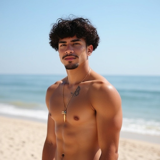 Latino man standing on beach on Tensor.Art