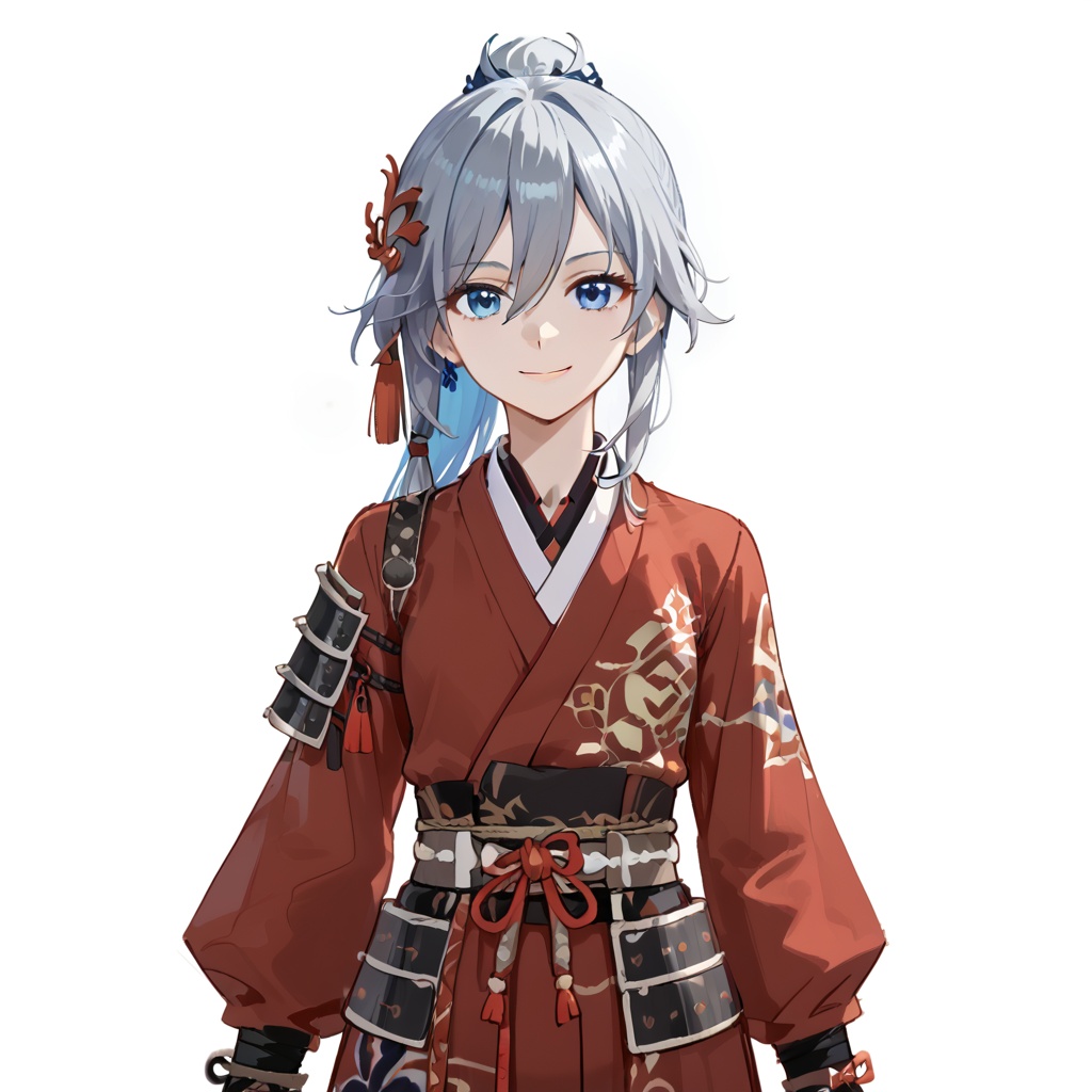 (white background:1.2),looking at viewer,(SOLO:1.4),outline,simple background,upper body, cowboy shot,looking at viewer,(((arms at side))),  fu hua,long hair, bangs, blue eyes, hair between eyes, ponytail, hair ornament, grey hair, blue hair, smile,pants,belt,bracelet,wide sleeves,armor,hakama skirt,red kimono,hanfu,<lora:shubianxia-pony:0.8>