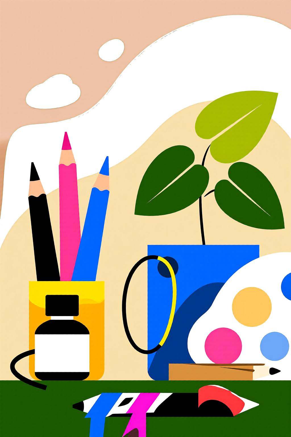 flatcolorvectorart2q illustration.A creative workspace with art and writing tools. On the left,  a yellow container holds...