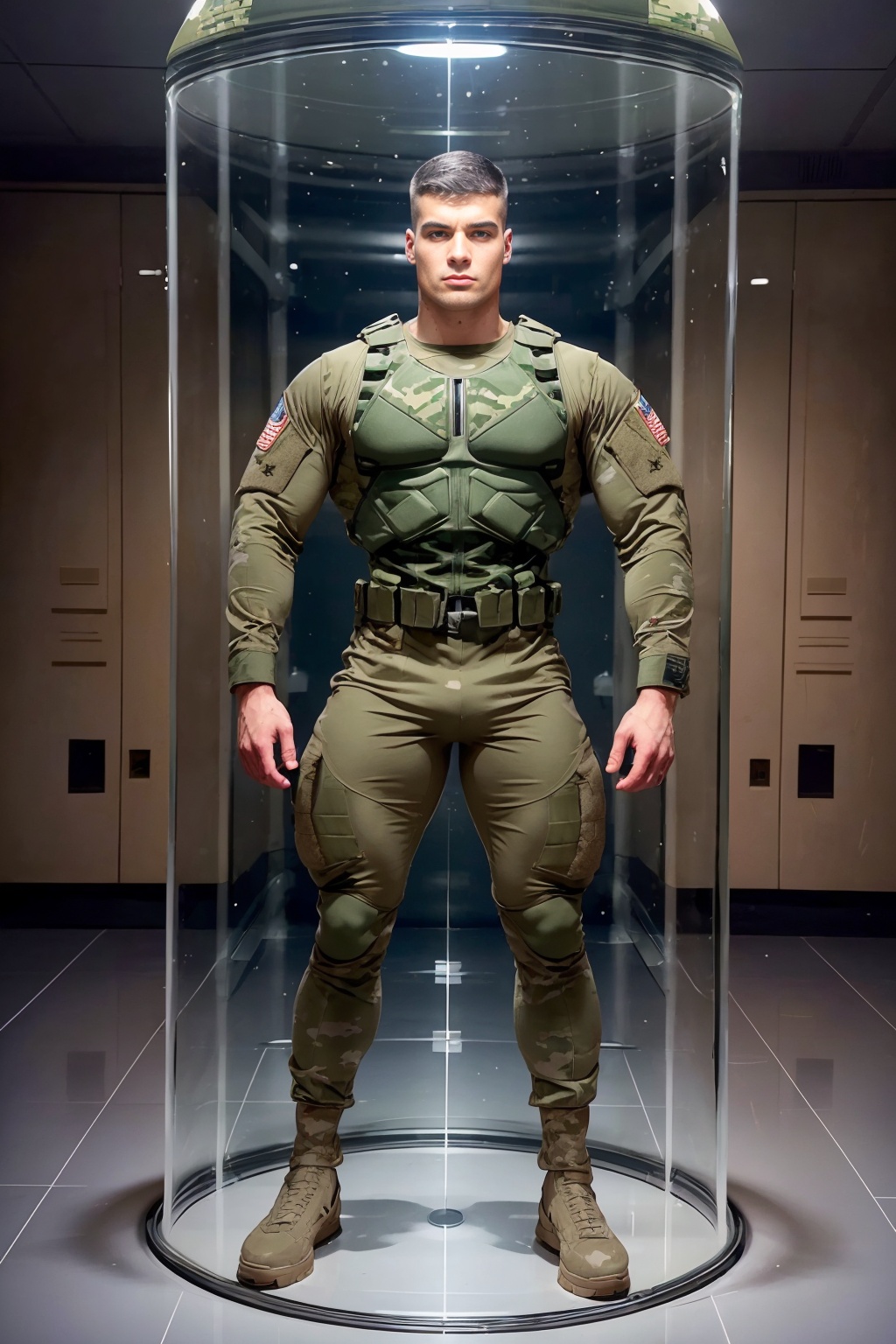 Military laboratory,  ((restrained inside a glass cylinder)),  muscular MalikDelgaty is a Universal Soldier on Tensor.Art