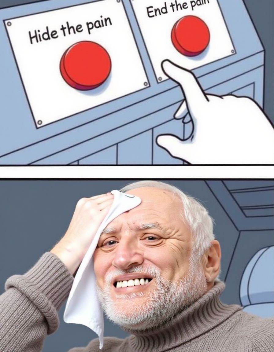 In twobuttonsmeme style.Top panel: Two buttons,  label above the red button,  label above the red button. htph's hand is v...