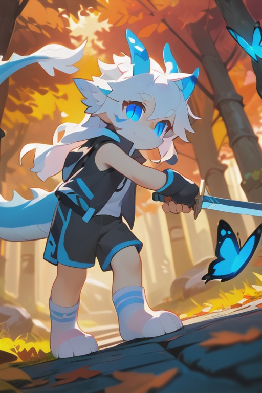 (masterpiece),(best quality),illustration,ultra detailed,hdr,Depth of field,(colorful),artist:wanke,artist:tianliang duohe fangdongye,bright outline,1girl, solo,dragon girl,slit pupils,blue pupils,glowing eyes,horns,long hair, floating hair, white hair, dragon tail, shiny butterfly, glowing butterfly, soft lawn, warm colors, Tyndall effect, Tyndall light, white long shirt, black sleeveless jacket, orange transparent sleeves, transparent Ceiling, fallen leaves, maple leaves, autumn, between two rows of trees there is a road filled with fallen leaves, in the middle of the road there is a beam of light shining on a sword stuck in the ground, sacred, ancient, side shot, wide angle shot, shorts, stepping Foot socks, hanging,transparent,transparent wings,Leather gloves, sharp teeth, mouth drool, clear glass strips, ancient wooden swords engraved with golden runes, foot socks, light gray foot socks, the bottom of the foot socks fades to black