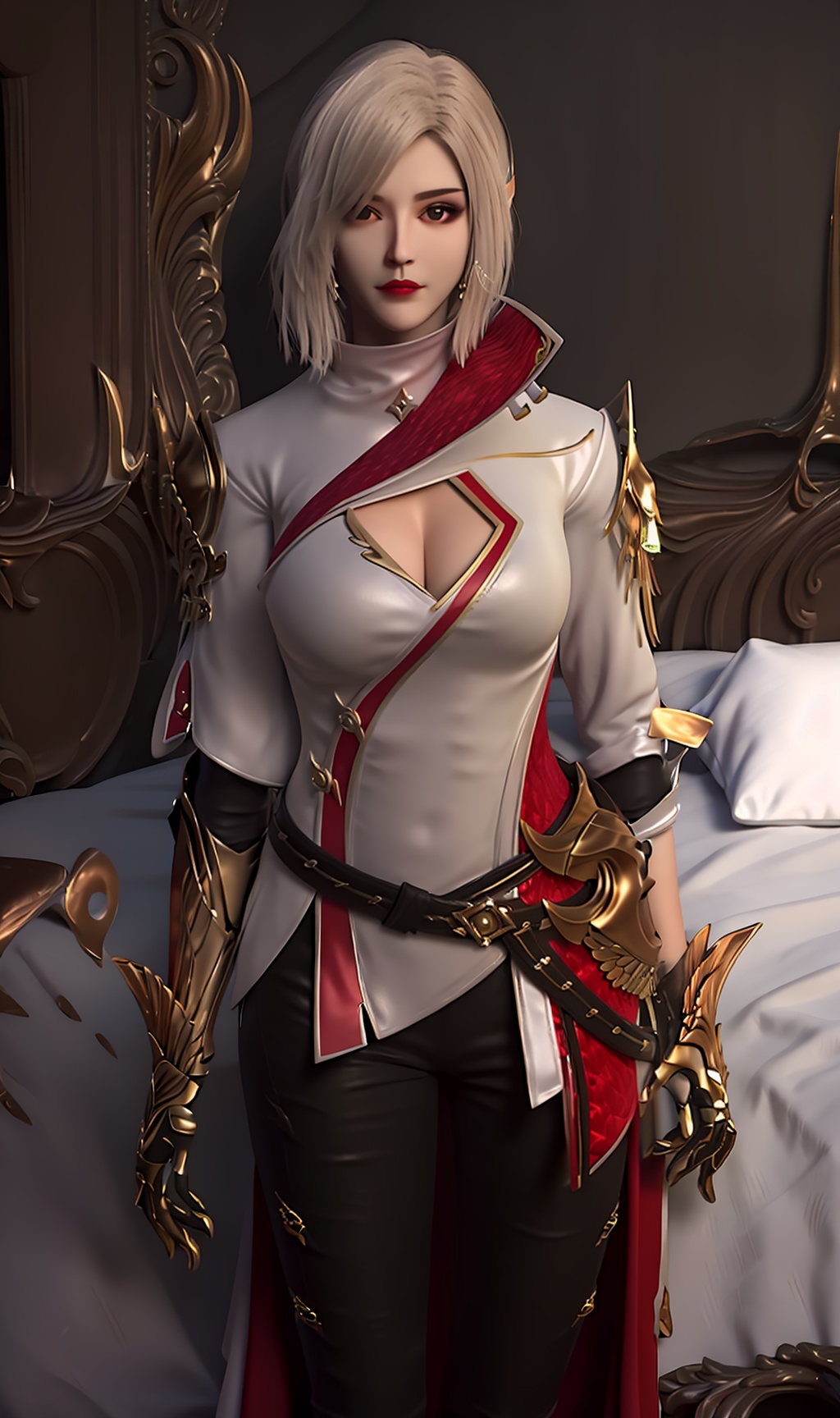 3D,masterpiece,(best quality),(makeup),official art, extremely detailed cg 8k wallpaper,((crystalstexture skin)), (extremely delicate and beautiful),(highly detailed),(face),(collar),(gold_trim),(1girl), (solo), (jewelry), (earrings),(hair),(short_hair),(hair_ornament),(handwear),(breasts),(cleavage),(standing),((upper_body)),(closed_mouth),((black_pants)),(multicolored_clothes),(multicolored_dress),(shiny_clothes),(city,outdoor,bed),(long_legs),(gauntlets),(armor),(shoulder_armor),tight_pants,,((looking_at_viewer)),((Facing the camera)),, <lora:hipoly3DModelLora_v10:0.3>