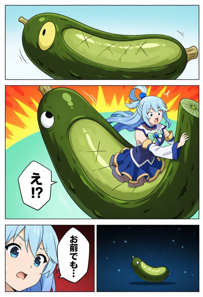 comic book panel style,  Aqua (Konosuba) accidentally creating pickle_tsunami,  floating_pickles_swarm on Tensor.Art