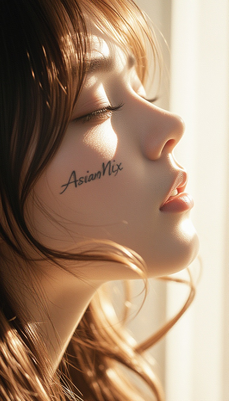 Close-up shot of a Japanese girl with rich brown hair,  trace the elegant lettering "AsianMix" tattoo along her cheekbone,...
