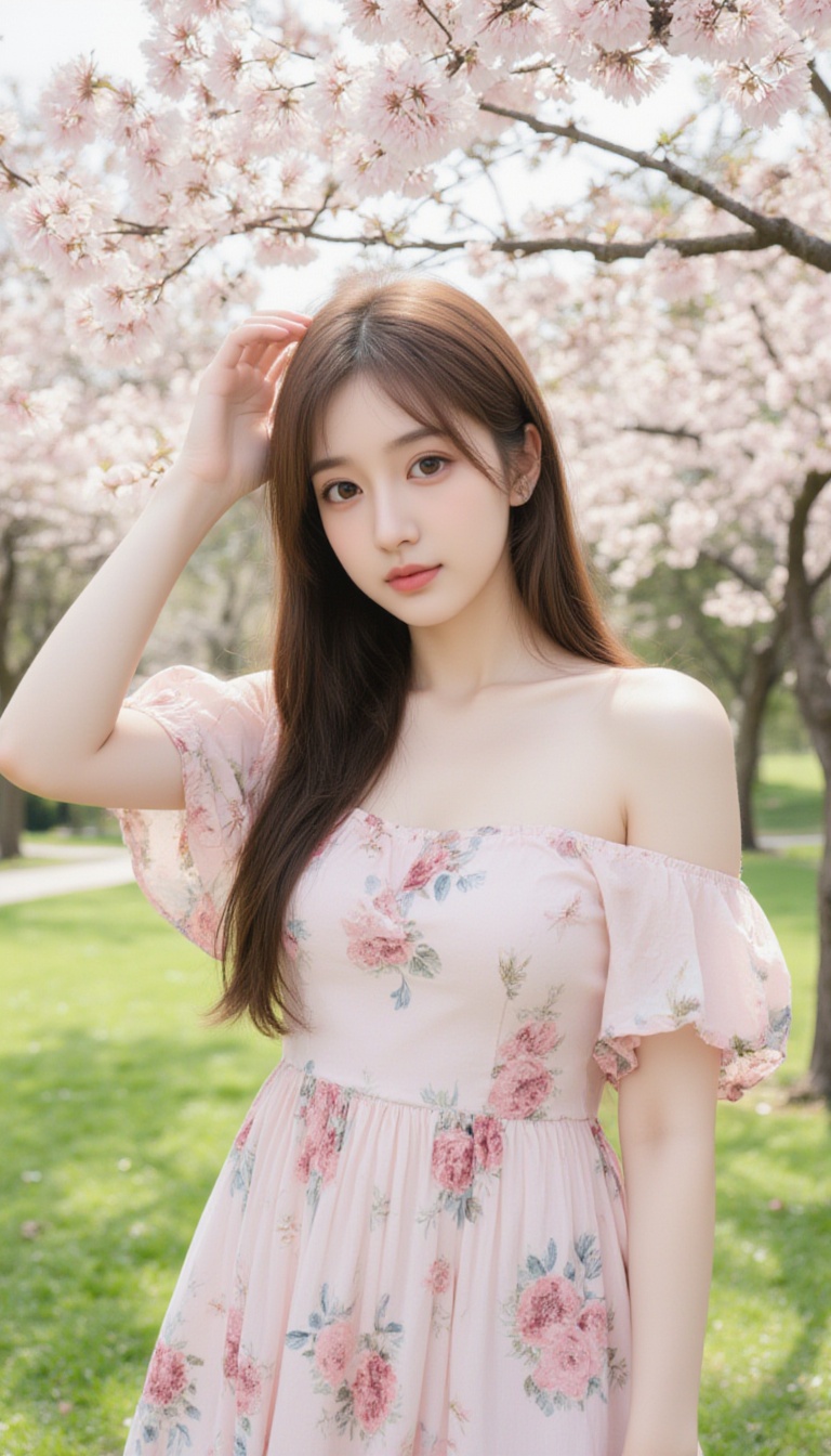 A young woman with long,  straight brown hair and fair skin stands in a park under blooming cherry blossom trees. She is w...