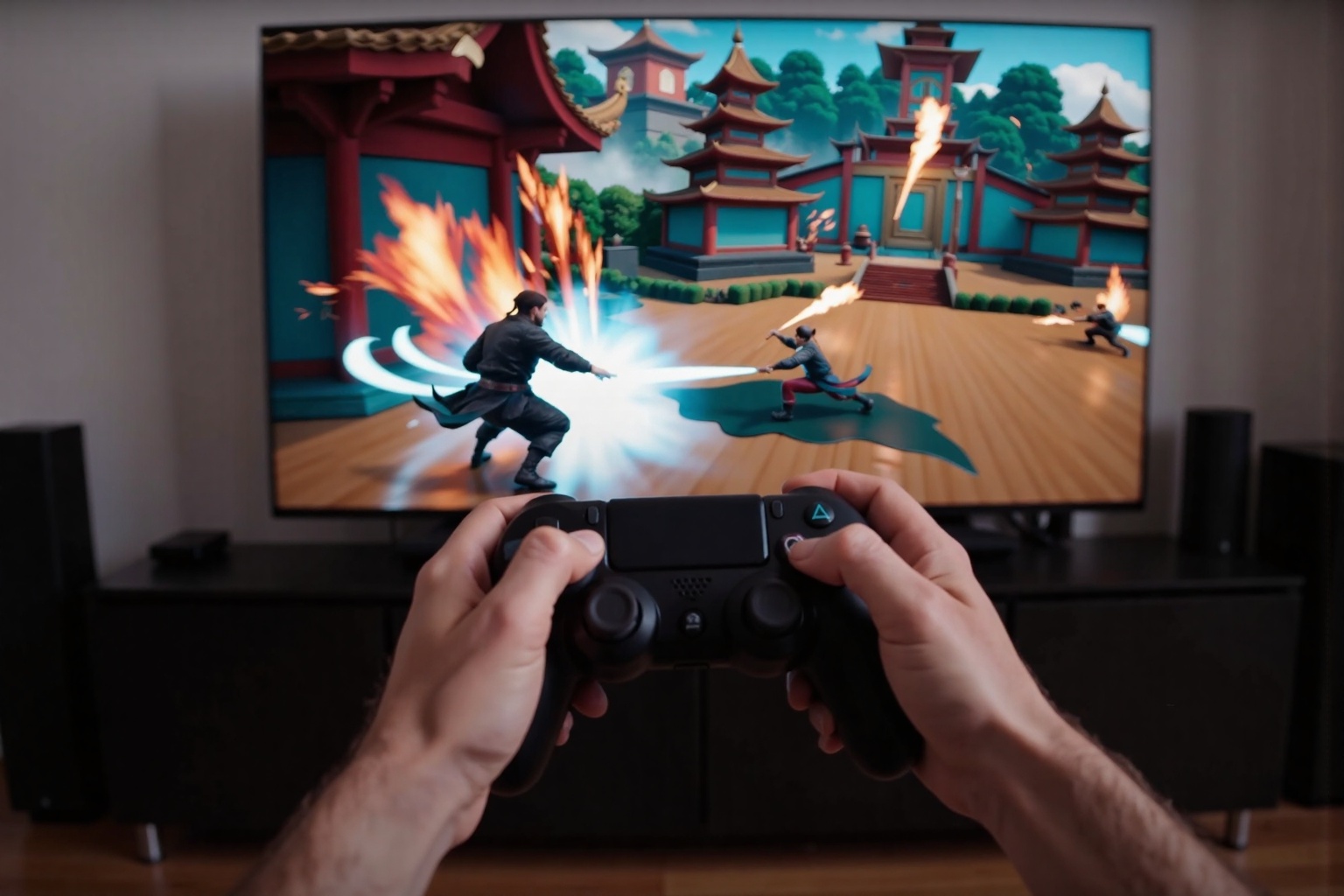 1stPOV_flx,  In 1st person POV,  I am holding a PS5 controller in both hands on Tensor.Art