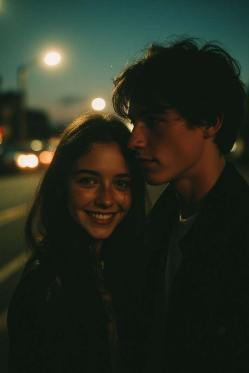 midjourney analog photograph.A young couple in a close-up portrait taken at dusk. The central figure is a American teenage...