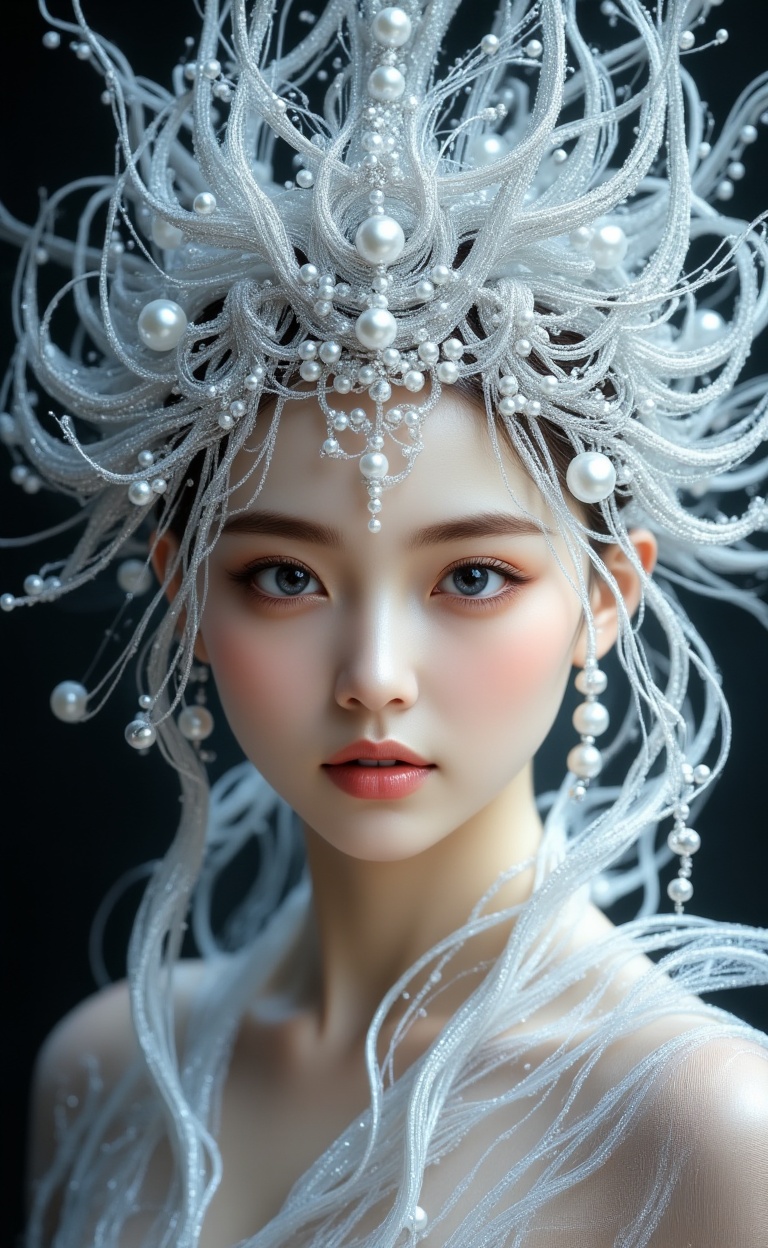 miluo_bx, This is a highly detailed, realistic CGI rendering of a fantastical, ethereal woman. She has a fair complexion with a smooth, flawless texture, and her piercing blue eyes are captivating. Her full lips are painted a soft, natural pink. The woman's head is adorned with a stunning, intricate headdress made of delicate, silver threads and pearls, giving her an otherworldly, regal appearance. The strands of her hair blend seamlessly with the headdress, creating a mesmerizing, shimmering effect. The background is a dark, blurred gradient, ensuring that the focus remains on the subject. The overall aesthetic is a blend of fantasy and elegance, with a sense of mystique and grace.<lora:米洛-冰雪奇缘-flux-12.7:1>