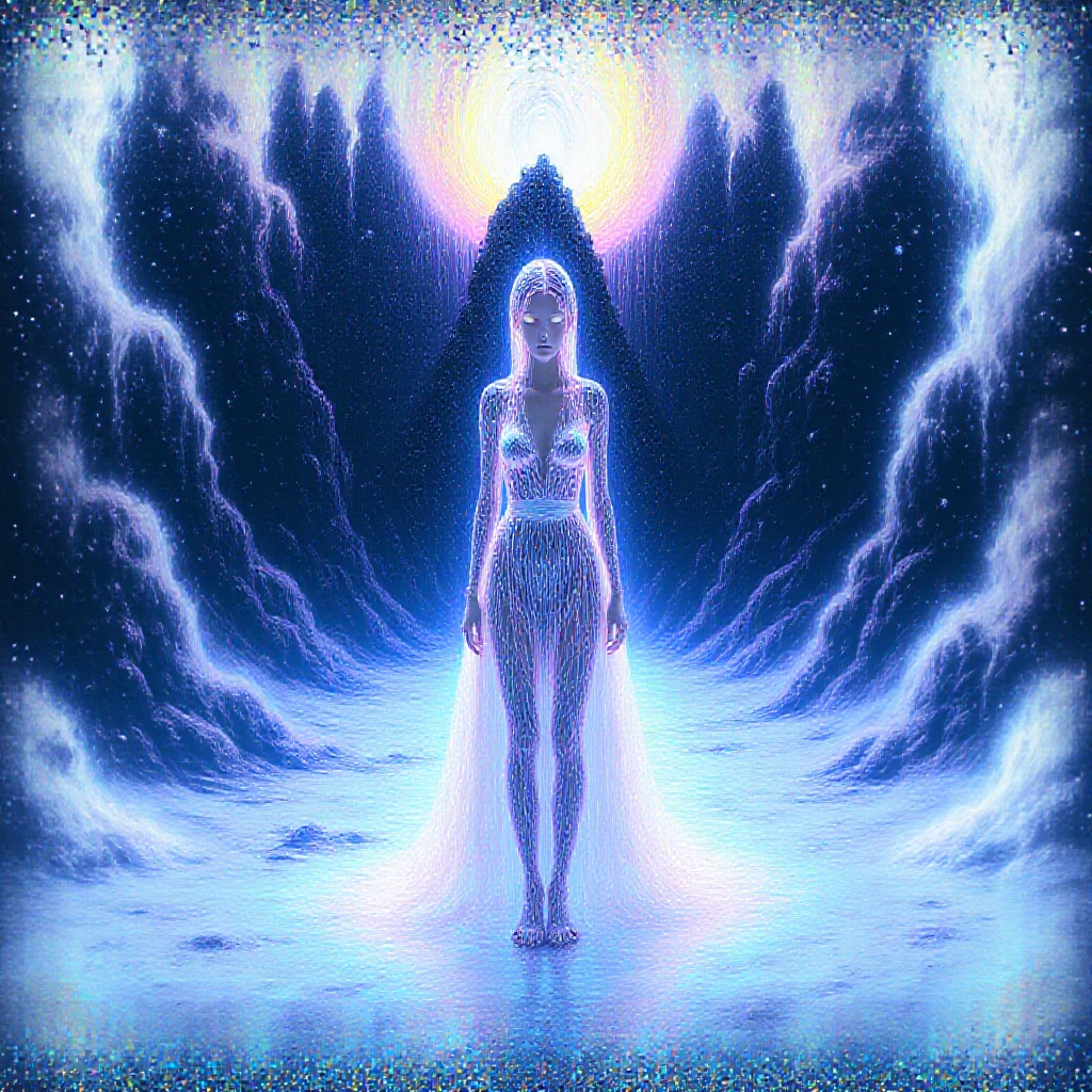 gope-style,  Snowflake whispers to the mystical anime princess as she stands regally on the frozen lake,  her gown shimmer...