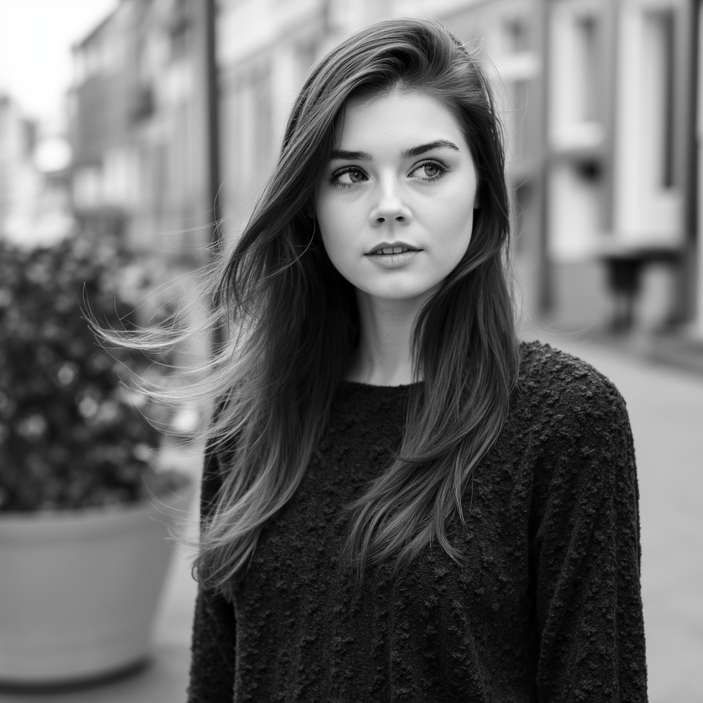 A black and white portrait of elise_trouw standing outdoors. She has long, flowing hair and wears a textured, dark-colored sweater. Her gaze is directed slightly to the side, and her expression is contemplative. The background shows a blurred urban setting with buildings and a potted plant. The image conveys a serene and introspective mood.