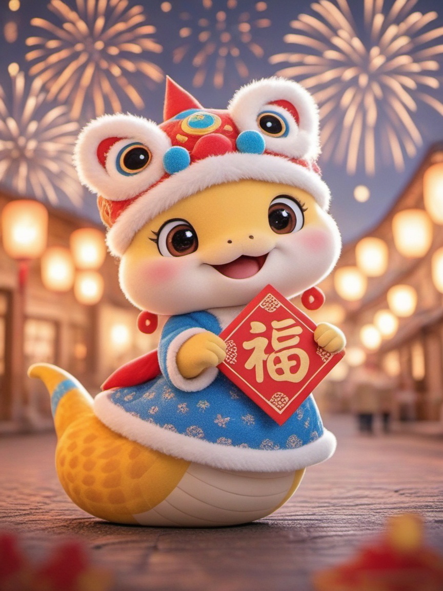 shenian,wearing a Nian beast hat,A super cute plush baby snake with big sparkling eyes and a mischievous smile is dressed in a red and white dragon costume. She holds a red envelope with golden Chinese characters. Behind her, traditional Chinese lanterns and fireworks light up the night sky. The whole scene is filled with a festive and joyful atmosphere.,<lora:shebaobaov1-000014:0.8>