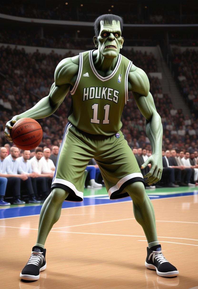 Depict Frankenstein's monster as a European League Basketball player that just transferred to the United States to play in...