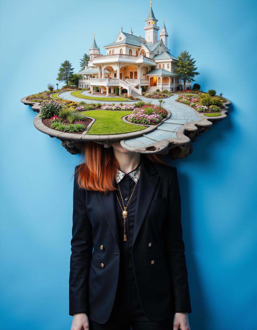 At the bottom of the image is Vampire woman redhead hair in black suit with golden details in blue and white patterns as b...