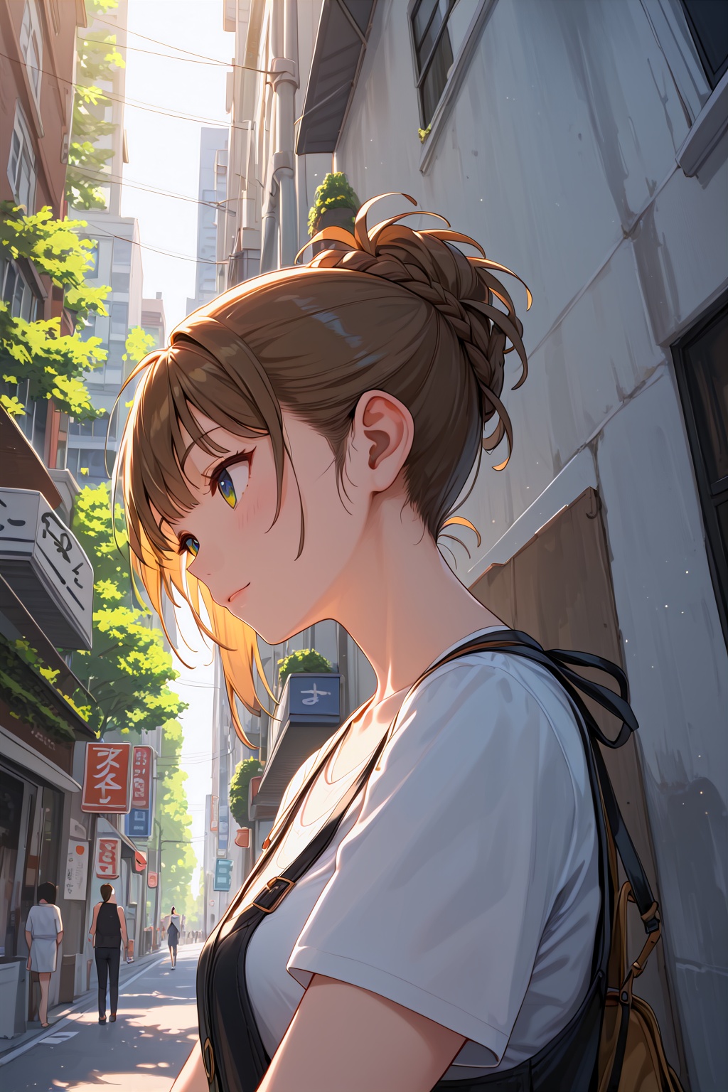 score_9,best quality, 1girl,upper body,eyes,casual,street,nature,backlit,from below