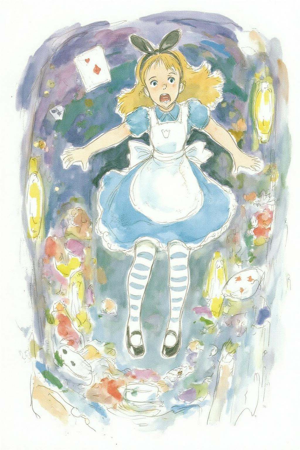 hayaomiyazaki2 illustrationOverhead view of Alice in Wonderland falling into the rabbit hole,  with her legs dangling bene...