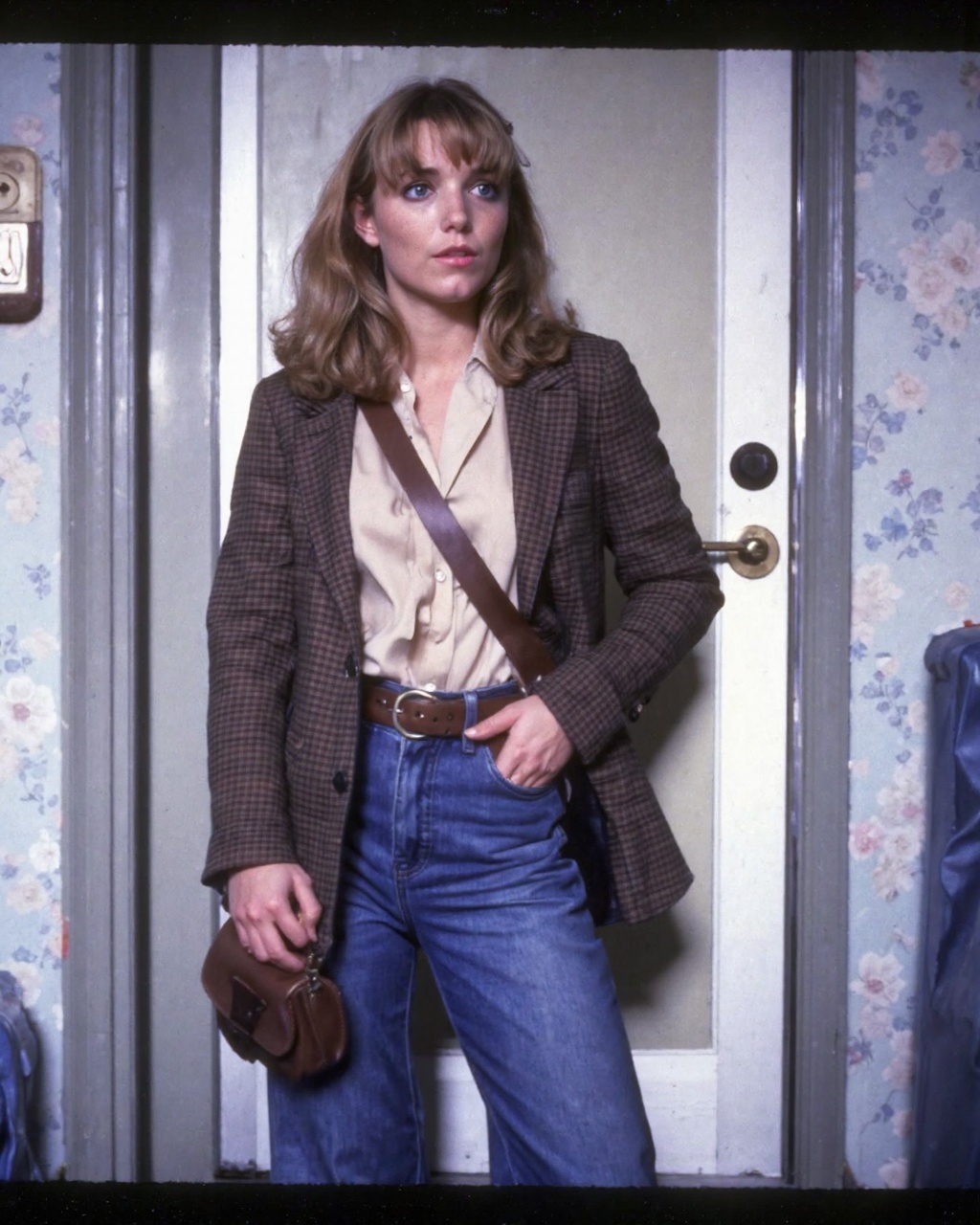 A old,  grainy and scratched 80s style vintage photography.,  A color image of karen_allen standing in an interior setting...