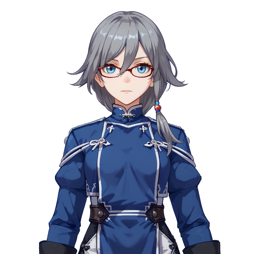 (white background:1.2),looking at viewer,(SOLO:1.4),outline,simple background,upper body, cowboy shot,looking at viewer,(((arms at side))),   fu hua mordver,fu hua,long hair,bangs,blue eyes,grey hair,blue hair,hair ornament,hair between eyes,low-tied long hair,, long sleeves, blue jacket, jacket, glasses, chinese clothes<lora:xunyu-pony:0.8>