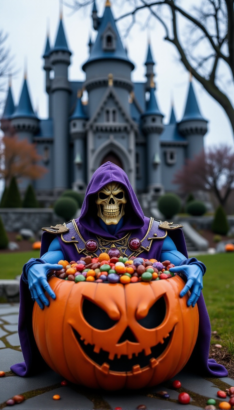 Skeletor,  Skull face and blue skin is a halloween pumpkin basket filled with candy in front of greyskull castle. Hallowee...