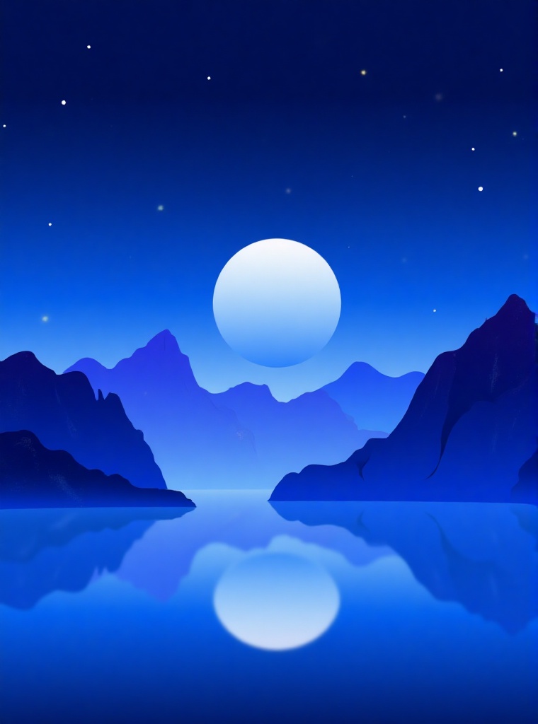 a minimalist flat gradient illustration of a calm night landscape,  deep blue color palette,  a large glowing moon reflect...