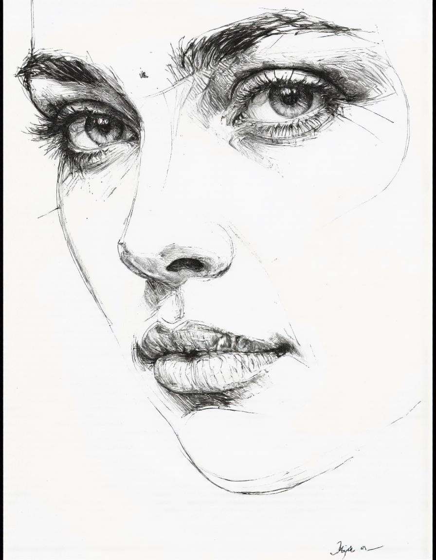 This is a black and white drawing of a woman's face,  rendered in a stylized,  expressive manner using ink. The artwork is...