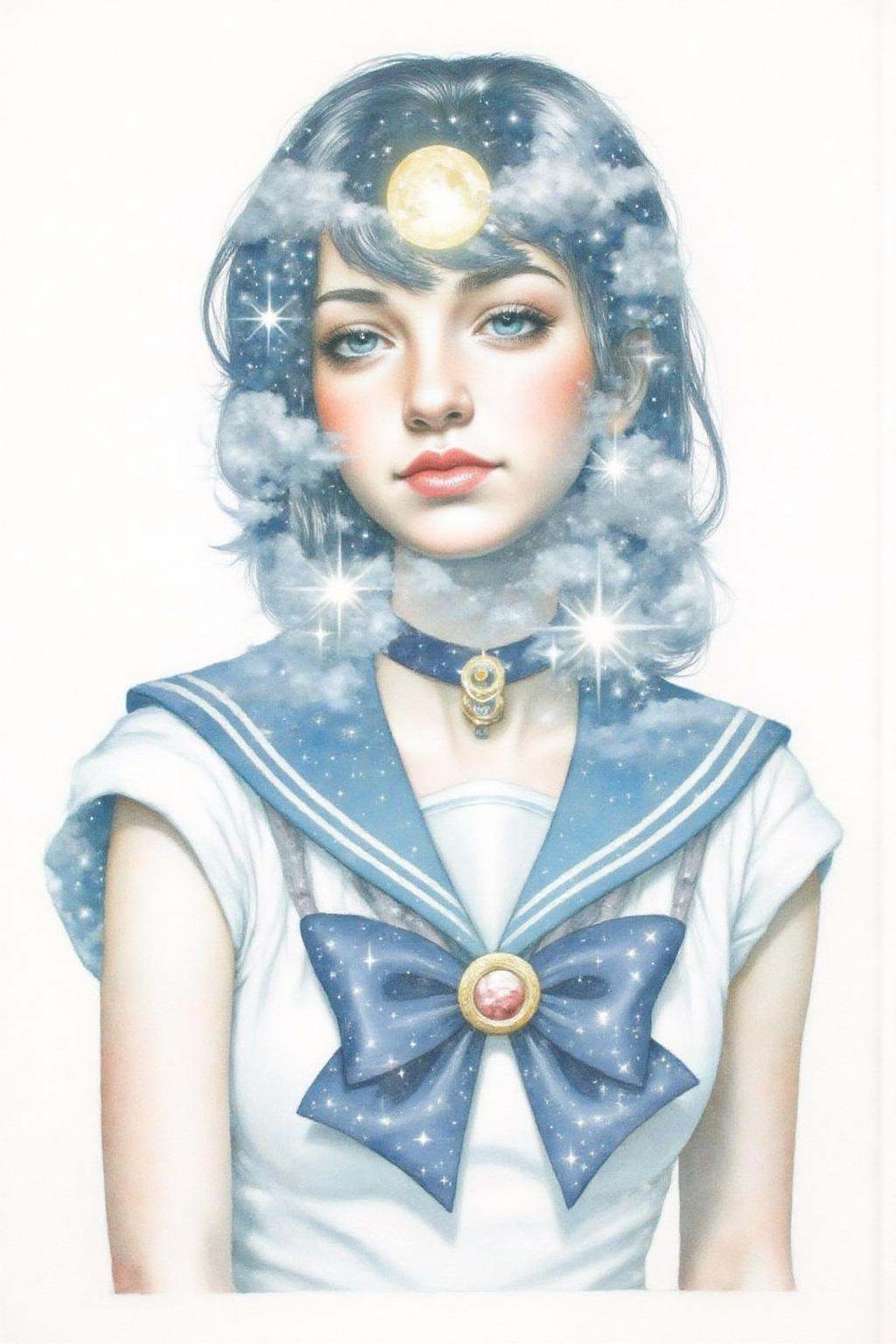 Portrait painting. Portrait painting. Sailor Moon,  blending seamlessly with a night sky with a full moon and stars. The b...