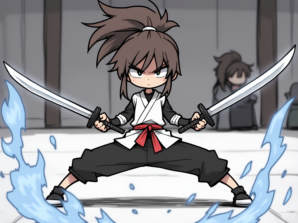(masterpiece:1.2),(extremely detailed:1.2),(best quality:1.2),(high quality:1.2),(official art:1.2),jbh,Anime-style drawing,A digital drawing in an anime style of a young girl wielding a katana, standing in a dynamic pose with her legs spread apart and her arms extended, holding the sword with both hands. She has long, spiky brown hair tied into a high ponytail, and her expression is fierce with narrowed eyes. She is wearing a traditional Japanese outfit consisting of a white top with black sleeves, a red belt, and black hakama pants. The background is a simple, gray-toned interior with a few indistinct figures in the distance. The lighting is bright and even, with no harsh shadows. The image has a dynamic and energetic feel, with the girl appearing to be in mid-action. The style is reminiscent of a video game or anime series, with bold lines and vibrant colors. The camera angle is straight-on, capturing the full body of the girl.<lora:古风简笔画-autodl-11.26-000009:1>,