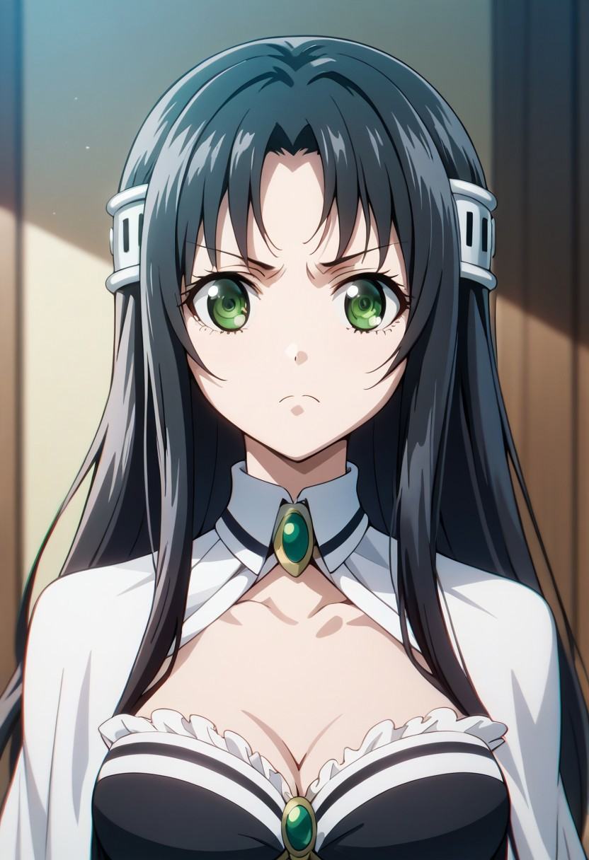 score_9,score_8_up,score_7_up,source_anime,Marguerite Farom,1girl,solo,breasts,looking at viewer,hair ornament,closed mouth,cleavage,medium breasts,collarbone,upper body,frills,frown,