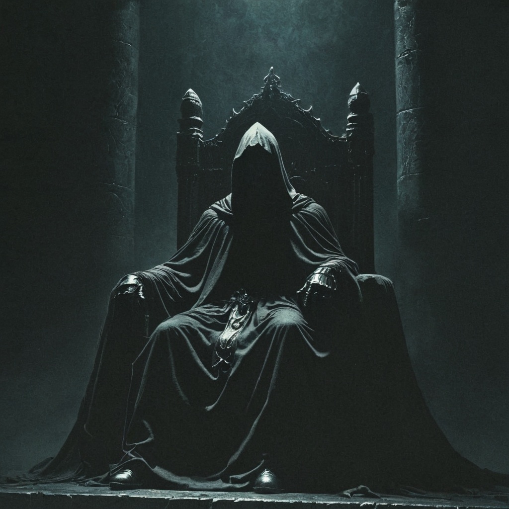 dark fantasy art style,  robed and hooded knight sits on the king's throne,  shrouded in shadow on Tensor.Art