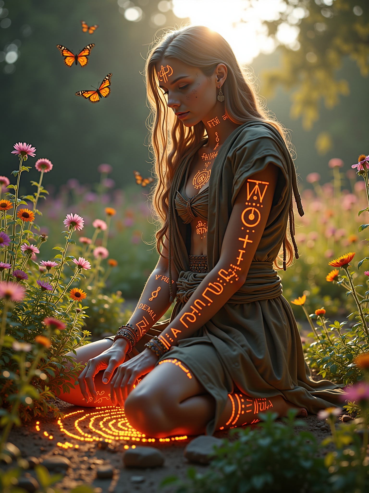 In a sun-dappled glade,  surrounded by vibrant wildflowers,  a druid kneels with hands resting on the earth on Tensor.Art