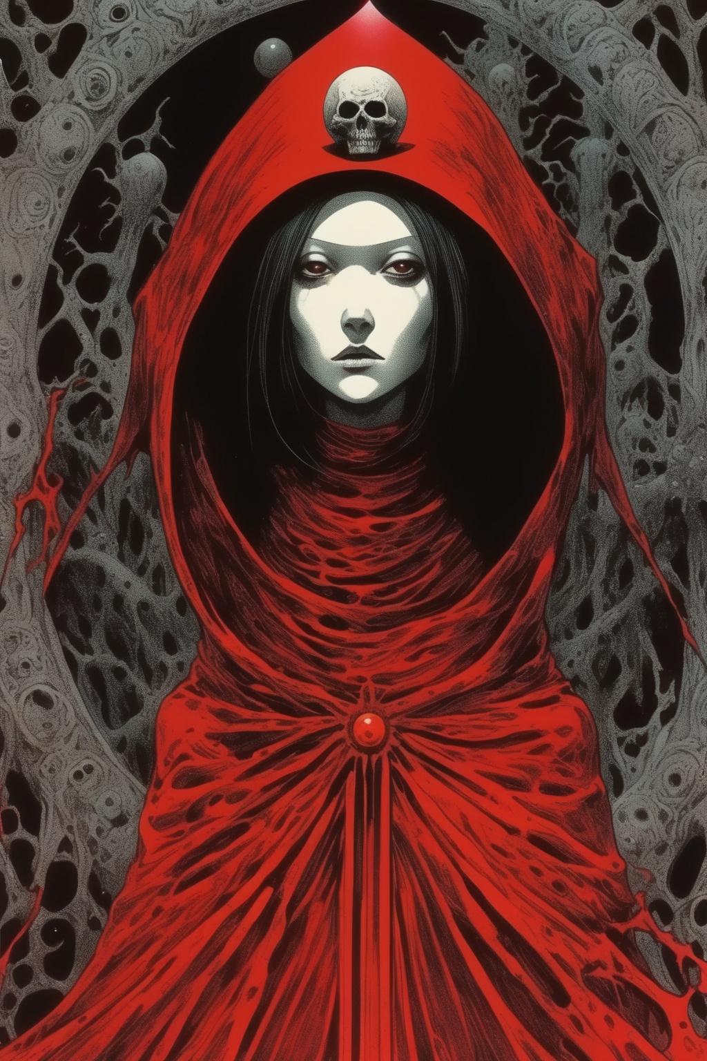 Philippe Druillet Style - porteait the red robed priestess by,  tsutomu nihei,  Junji Ito. dark tones. The theme should hi...