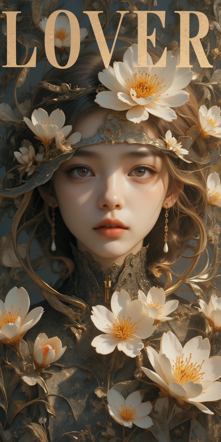 The bottom half of the magazine cover showcases a mesmerizing image: LOVER emblazoned across the top in striking lettering, while the enigmatic young woman with an otherworldly essence commands the frame. Captured through a 35mm f/2.0 wide-angle lens, her luscious locks cascade like golden tresses around her face, illuminated by a soft glow reminiscent of a nearby bloom's gentle caress. A dainty white flower adorns her forehead, its petals unfolding like minuscule wings. Her bold black lips seem to conceal hidden truths. Framed against the subtle texture of tree bark, she stands in side profile, an abstract composition that exudes mystery and quiet introspection, set against a dense backdrop of swirling paper sculpture patterns.