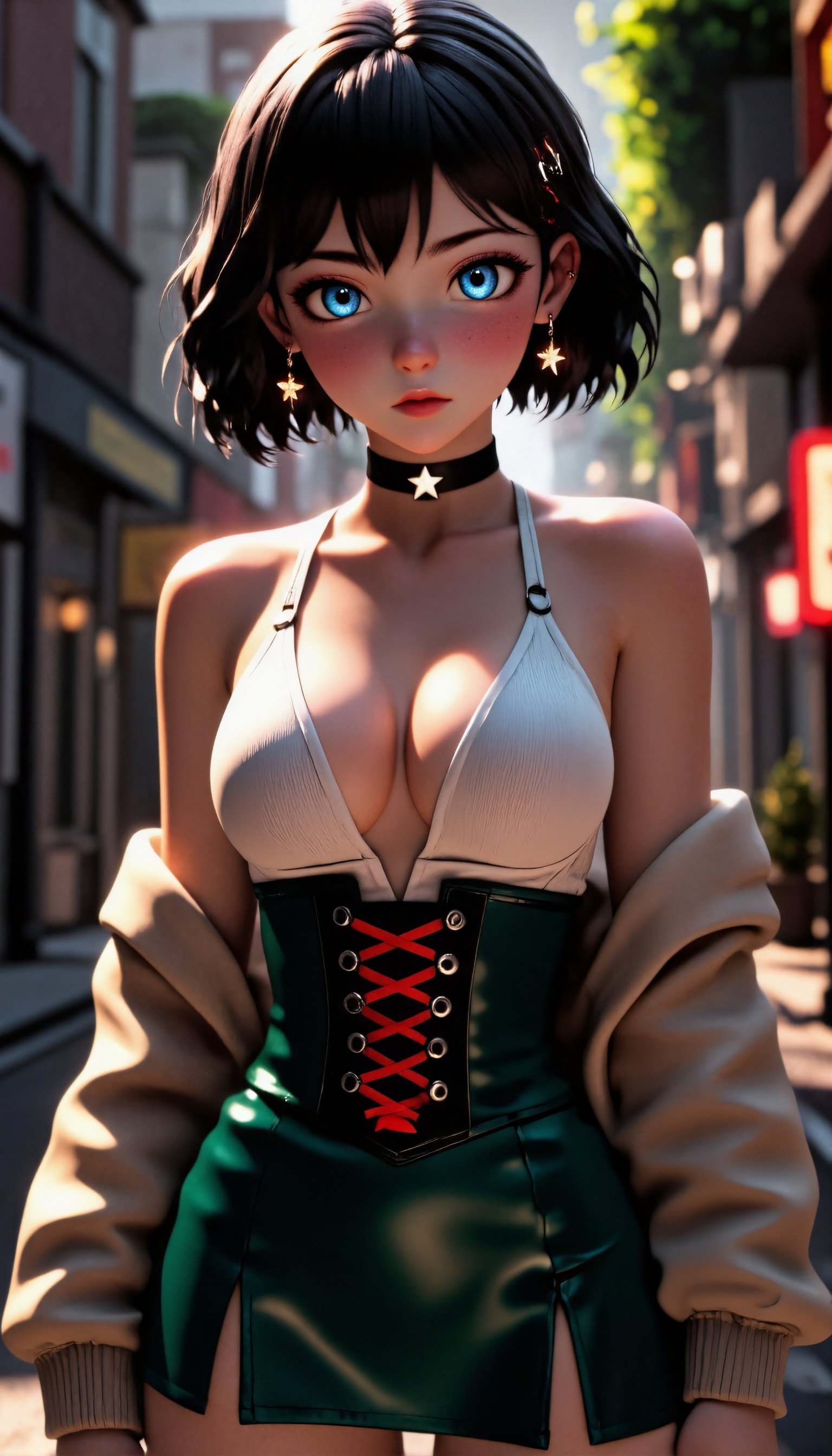 A highly detailed 3D anime-style woman with short,  wavy black hair,  shimmering vibrant blue eyes on Tensor.Art