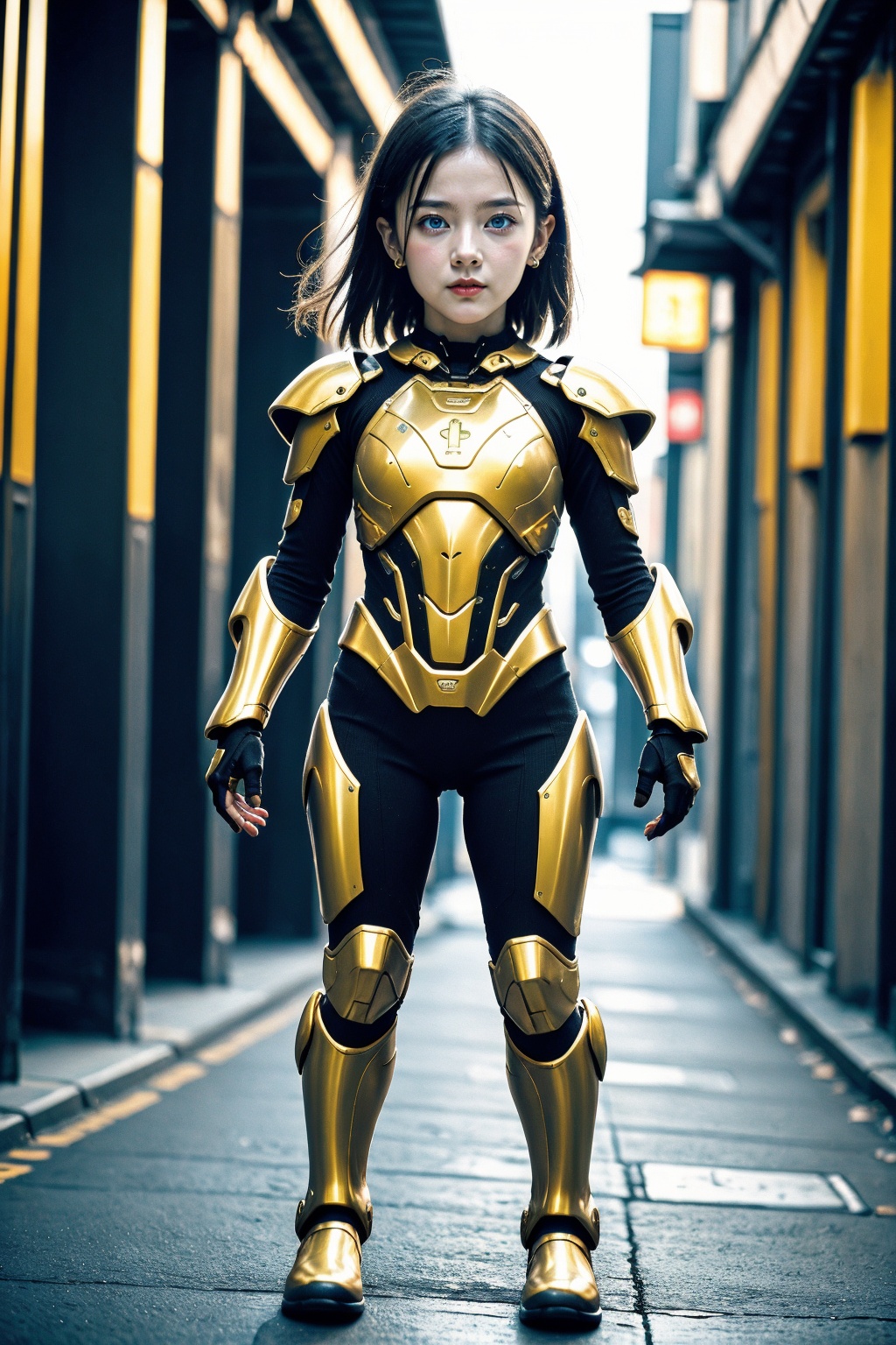 armor, 1girl, little girl, female focus, long hair, realistic, solo, blue eyes, blurry background, blurry, looking at viewer, power armor, science fiction, standing, full body, outdoors, photorealistic, short hair, child, earrings, black hair, motor vehicle, cyberpunk, car, depth of field, building, brown hair, shoulder armor, fingerless gloves, glowing, bodysuit, city, street, boots, lips, closed mouth, gloves, jewelry, aged down