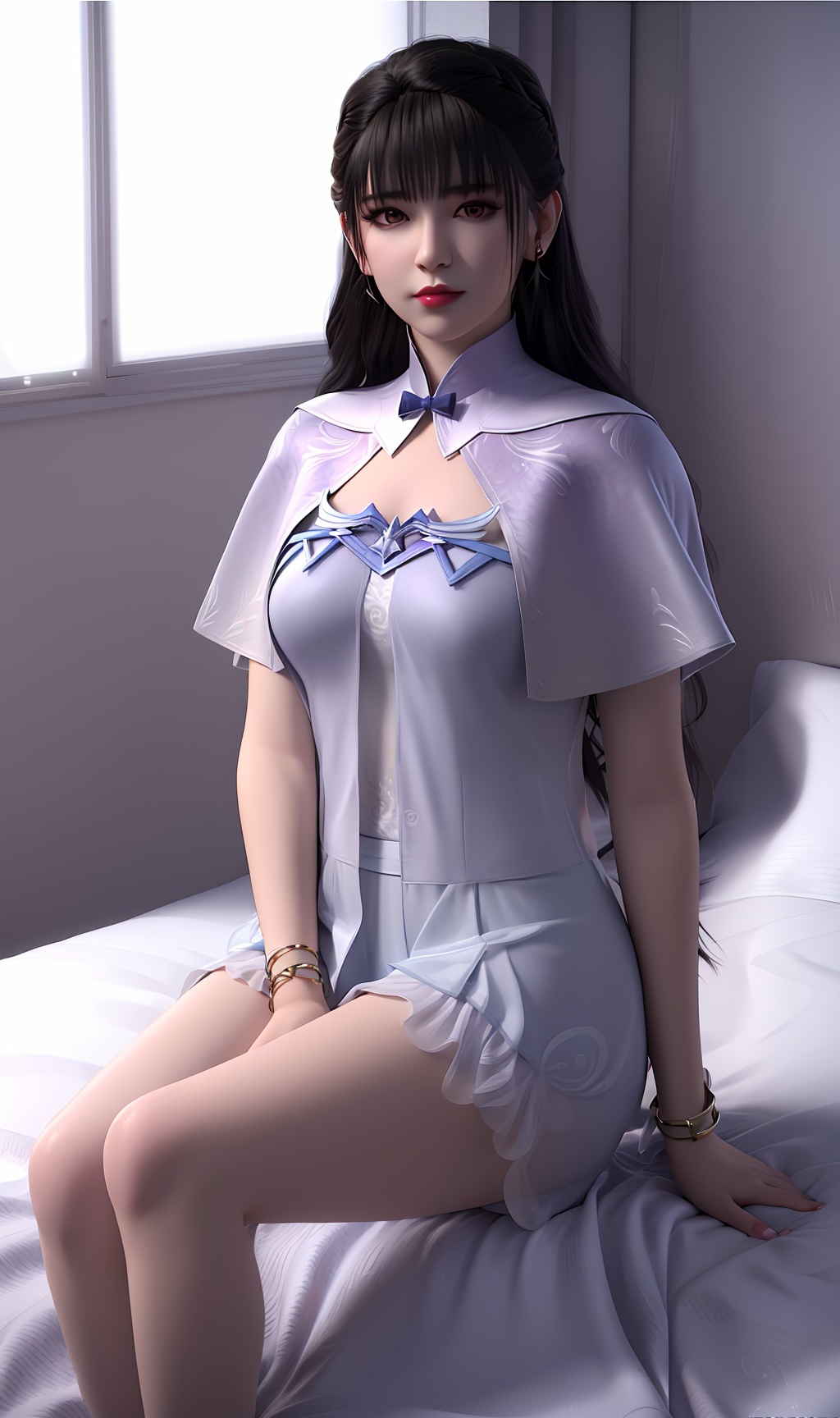 3D,masterpiece,(best quality),(makeup),official art, extremely detailed cg 8k wallpaper,((crystalstexture skin)), (extremely delicate and beautiful),(highly detailed),(face),(collar),(bracelet),(1girl), (solo), (jewelry), (earrings),(black_hair),(long_hair),(hair_ornament),(handwear),(breasts),(sitting),(upper_body),(closed_mouth),(dress),(shorts_skirt),(shawl),(shiny_clothes),(long_legs),(city,indoor,(bed)),((looking_at_viewer)),((Facing the camera)),, <lora:hipoly3DModelLora_v10:0.3>