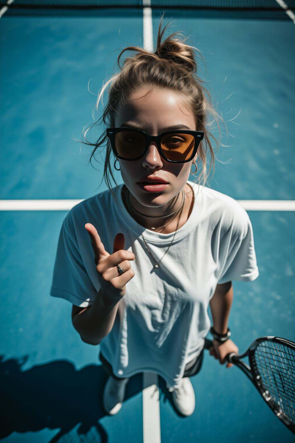 midjourneyhighangle13q High angle view. A woman standing on a blue tennis court,  holding a tennis racket. She is wearing...